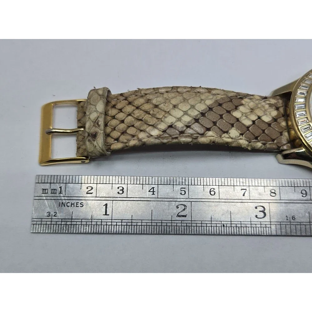 GUESS Womens Gold Tone MOP Day Date Watch Crystals Snake Leather New Battery